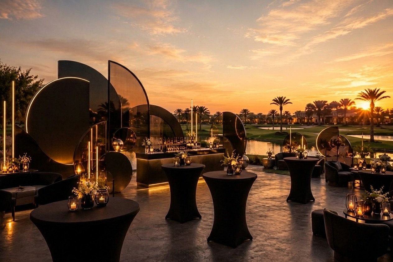 A luxury outdoor reception with sculptural installations at sunset